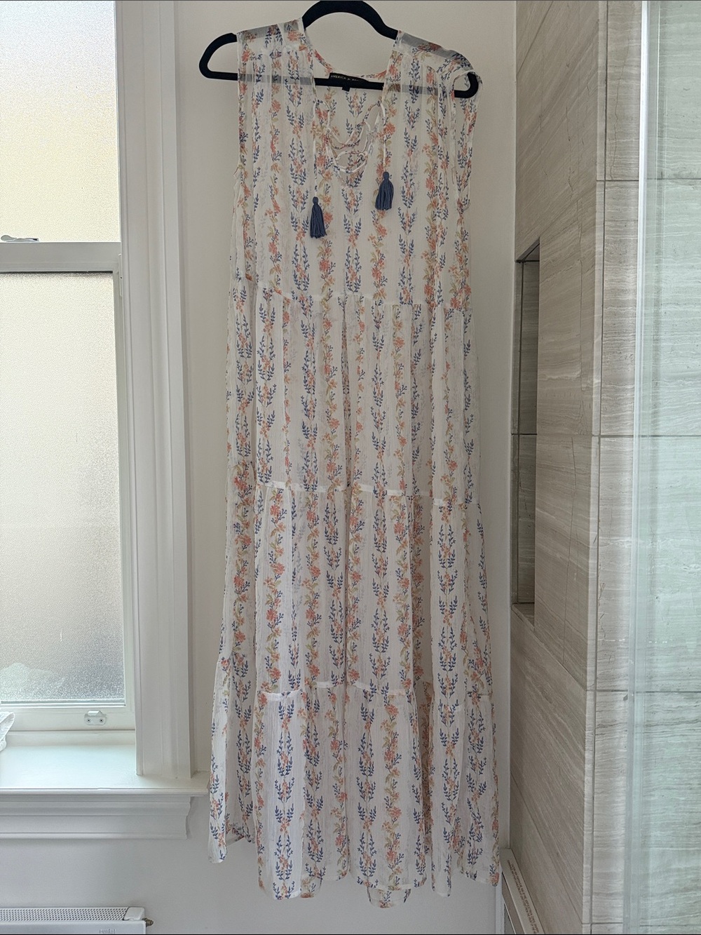 White Floral Tassel Maxi Dress coverup with Blue and Peach Print